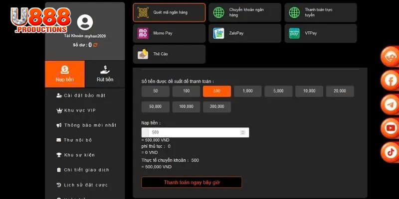 Thao tác nạp tiền U888 nhanh, gọn, lẹ